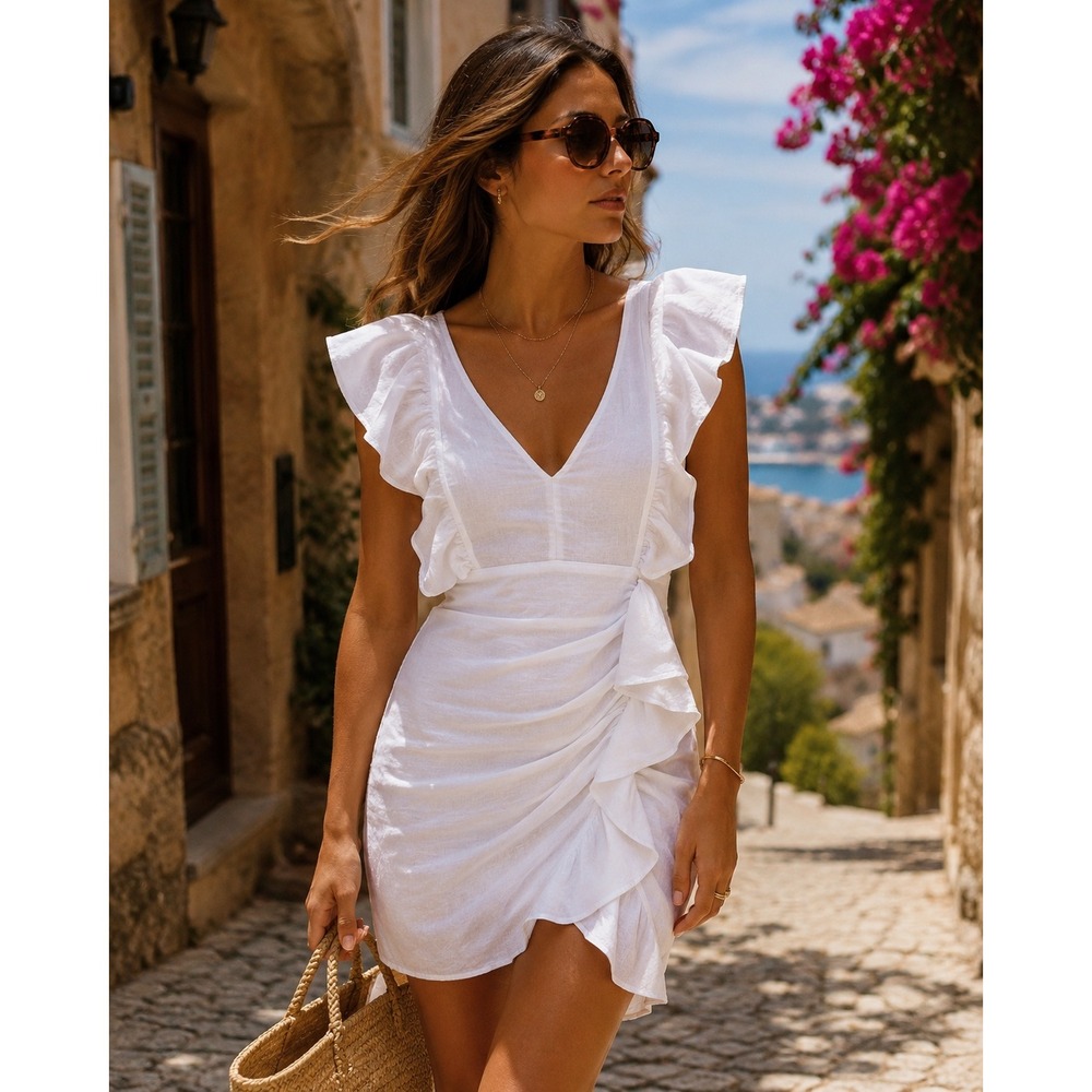 NWT Isabel Marant Étoile White Linen‎ Ruffle Mini Dress US 6 / FR 38